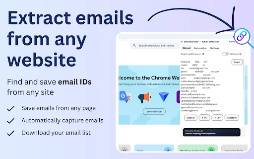 ดาวน์โหลด Email Extractor ส่วนขยาย Chrome ช่วยดึงอีเมลอัตโนมัติ - Screenshot 1