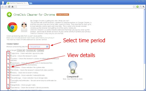 OneClick Cleaner สำหรับ Chrome – ล้างแคชและประวัติเพื่อความเร็วสูงสุด - Screenshot 3